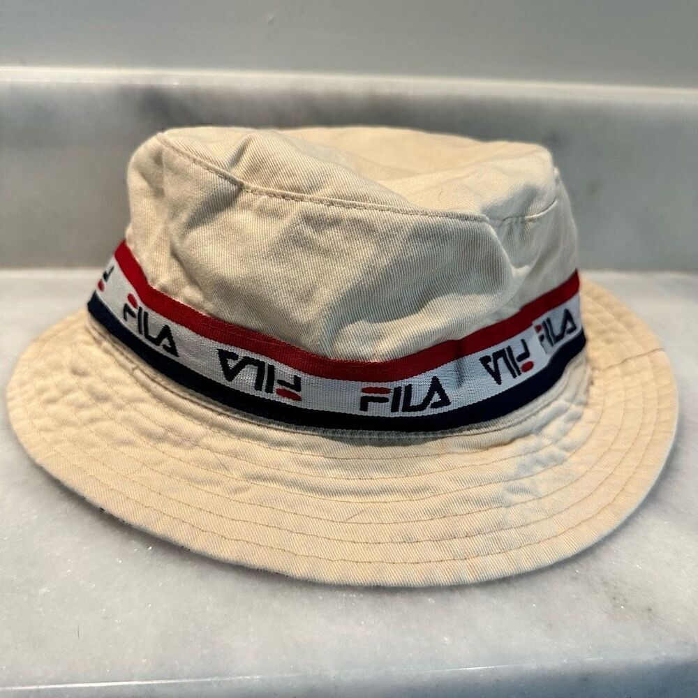 Fila Logo Cotton Twill Reversible Bucket Hat Tan Multi Small/Medium